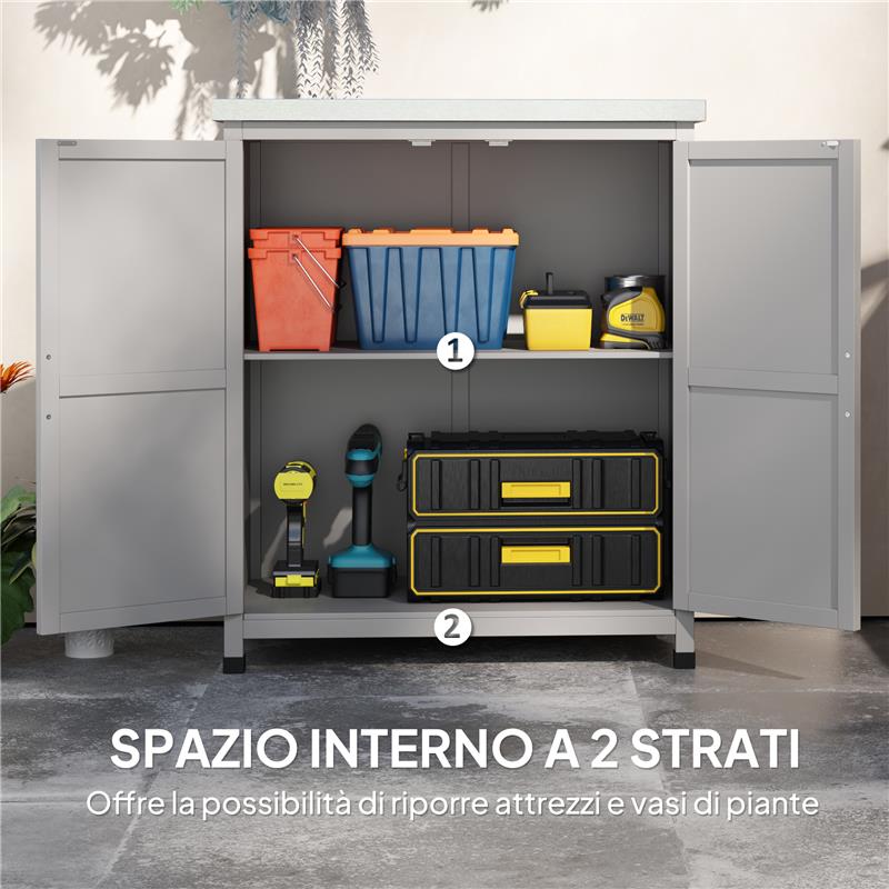 ARMADIO DA ESTERNO CON RIPIANO E BANCO DA LAVORO IN LEGNO E ACCIAIO, 79X43X92 CM, GRIGIO
