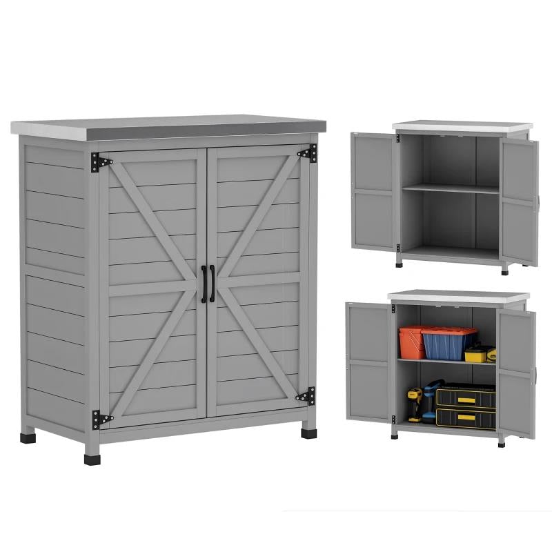 ARMADIO DA ESTERNO CON RIPIANO E BANCO DA LAVORO IN LEGNO E ACCIAIO, 79X43X92 CM, GRIGIO