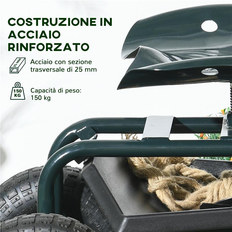 CARRELLO DA GIARDINO CON SEDILE REGOLABILE E VASSOIO INFERIORE, IN ACCIAIO, E PP, 83X36.5X45-60 CM, VERDE SCURO