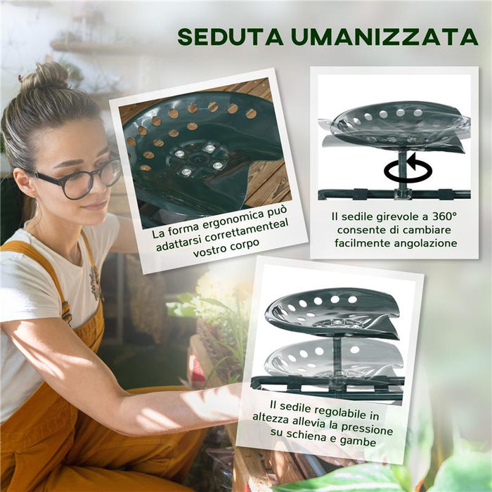 CARRELLO DA GIARDINO CON SEDILE REGOLABILE E VASSOIO INFERIORE, IN ACCIAIO, E PP, 83X36.5X45-60 CM, VERDE SCURO