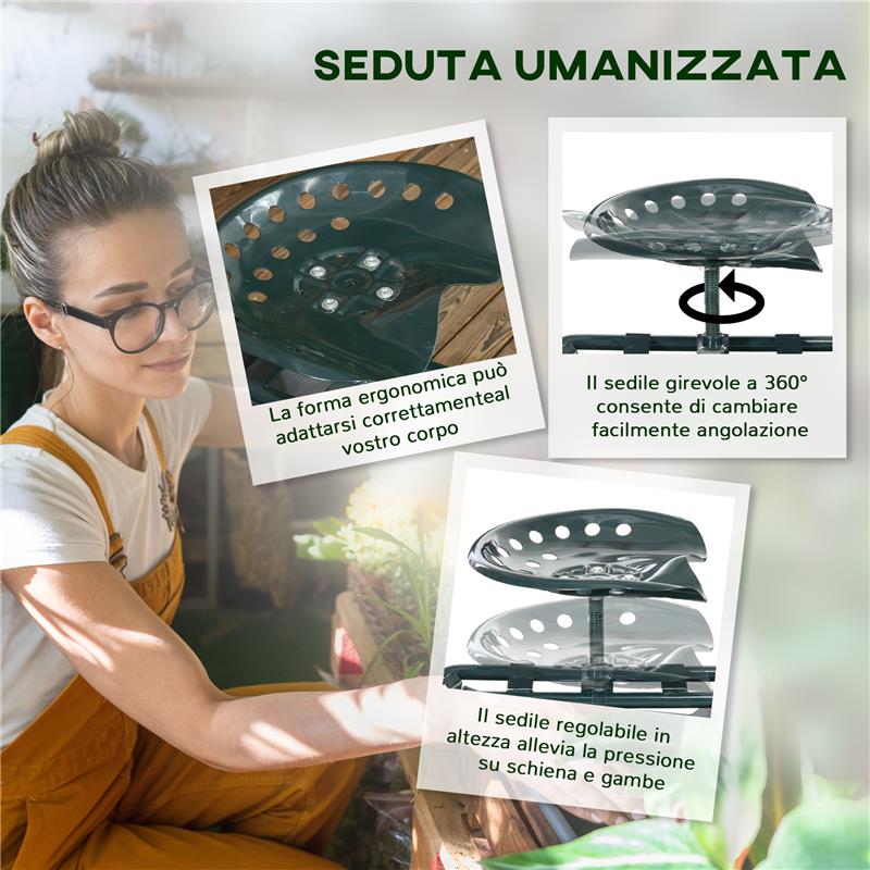 CARRELLO DA GIARDINO CON SEDILE REGOLABILE E VASSOIO INFERIORE, IN ACCIAIO, E PP, 83X36.5X45-60 CM, VERDE SCURO