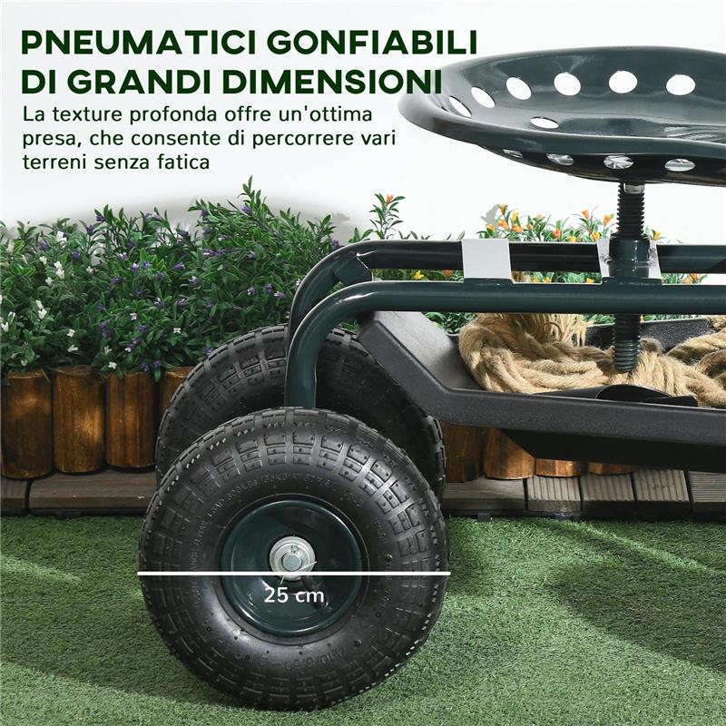 CARRELLO DA GIARDINO CON SEDILE REGOLABILE E VASSOIO INFERIORE, IN ACCIAIO, E PP, 83X36.5X45-60 CM, VERDE SCURO