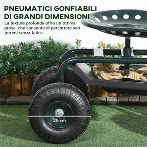 CARRELLO DA GIARDINO CON SEDILE REGOLABILE E VASSOIO INFERIORE, IN ACCIAIO, E PP, 83X36.5X45-60 CM, VERDE SCURO
