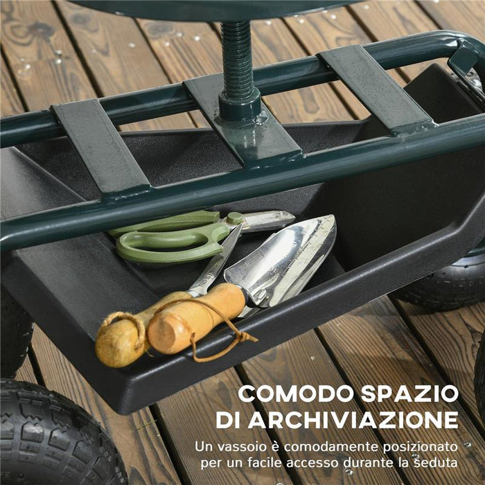 CARRELLO DA GIARDINO CON SEDILE REGOLABILE E VASSOIO INFERIORE, IN ACCIAIO, E PP, 83X36.5X45-60 CM, VERDE SCURO