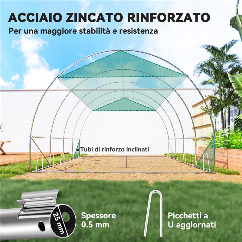 SERRA A TUNNEL 4X3 M CON RETE OMBREGGIANTE EXTRA, FINESTRE E INGRESSO A ZIP, IN PE E ACCIAIO, VERDE