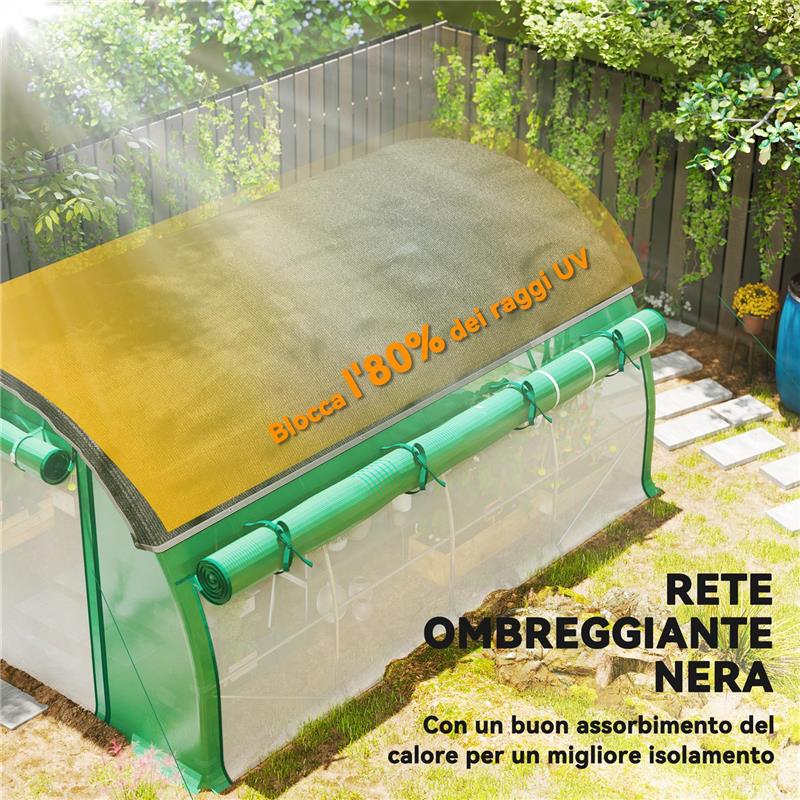 SERRA A TUNNEL 4X3 M CON RETE OMBREGGIANTE EXTRA, FINESTRE E INGRESSO A ZIP, IN PE E ACCIAIO, VERDE