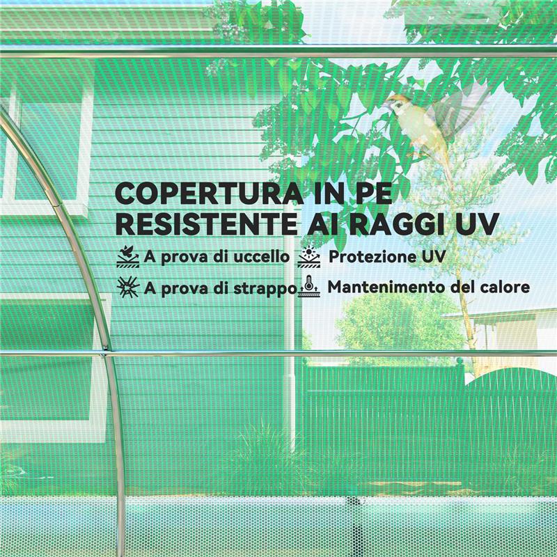 SERRA A TUNNEL 4X3 M CON RETE OMBREGGIANTE EXTRA, FINESTRE E INGRESSO A ZIP, IN PE E ACCIAIO, VERDE
