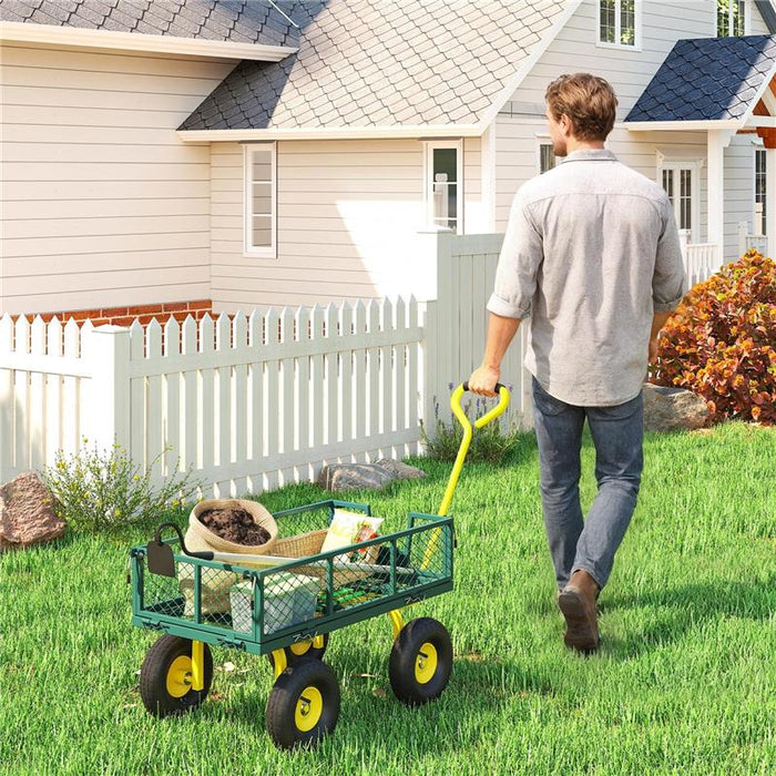 CARRELLO DA GIARDINO IN ACCIAIO CON CAPACITÓ 200 KG E PARETI LATERALI RIMOVIBILI, 104X54X51 CM, VERDE E GIALLO