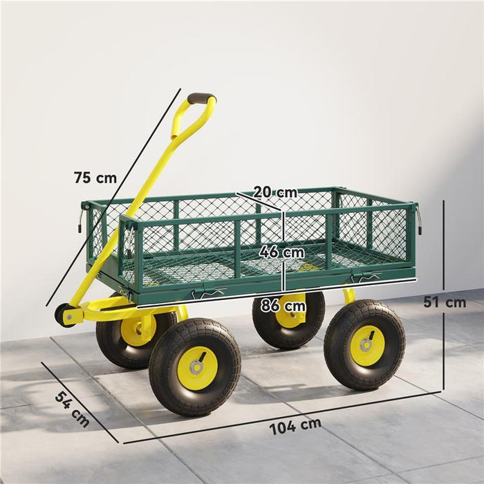 CARRELLO DA GIARDINO IN ACCIAIO CON CAPACITÓ 200 KG E PARETI LATERALI RIMOVIBILI, 104X54X51 CM, VERDE E GIALLO