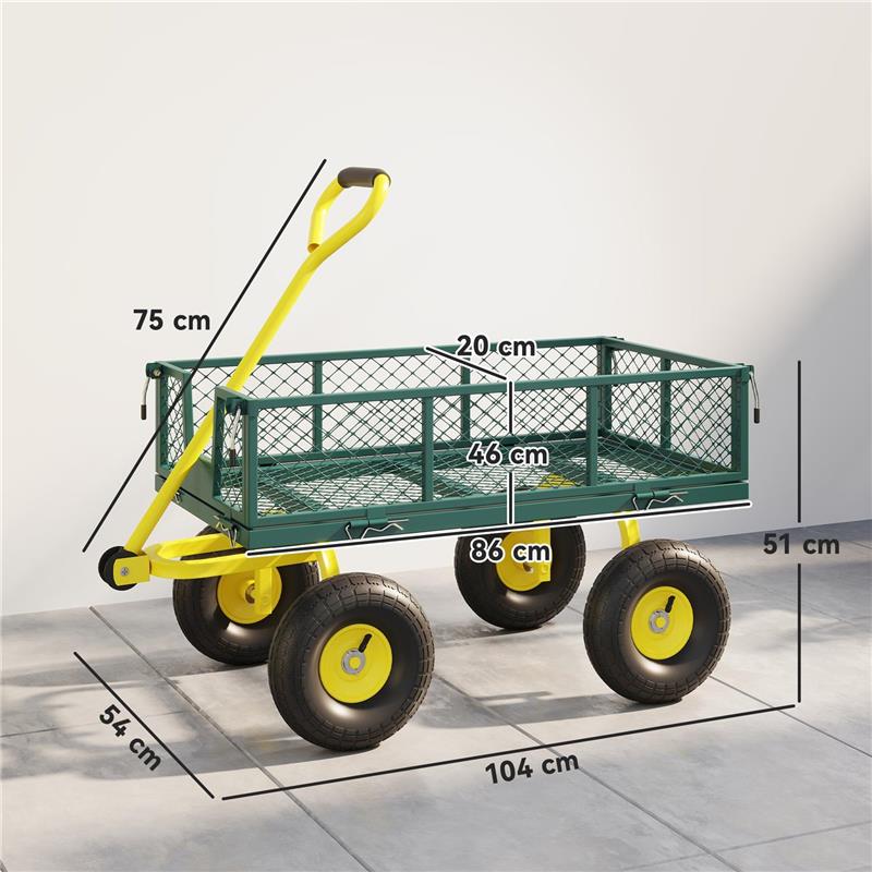 CARRELLO DA GIARDINO IN ACCIAIO CON CAPACITÓ 200 KG E PARETI LATERALI RIMOVIBILI, 104X54X51 CM, VERDE E GIALLO