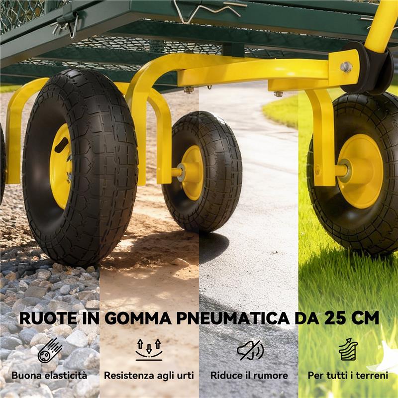 CARRELLO DA GIARDINO IN ACCIAIO CON CAPACITÓ 200 KG E PARETI LATERALI RIMOVIBILI, 104X54X51 CM, VERDE E GIALLO