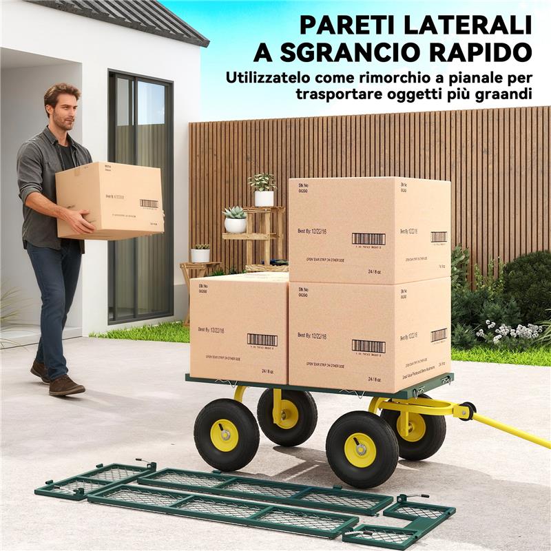 CARRELLO DA GIARDINO IN ACCIAIO CON CAPACITÓ 200 KG E PARETI LATERALI RIMOVIBILI, 104X54X51 CM, VERDE E GIALLO