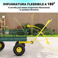 CARRELLO DA GIARDINO IN ACCIAIO CON CAPACITÓ 200 KG E PARETI LATERALI RIMOVIBILI, 104X54X51 CM, VERDE E GIALLO