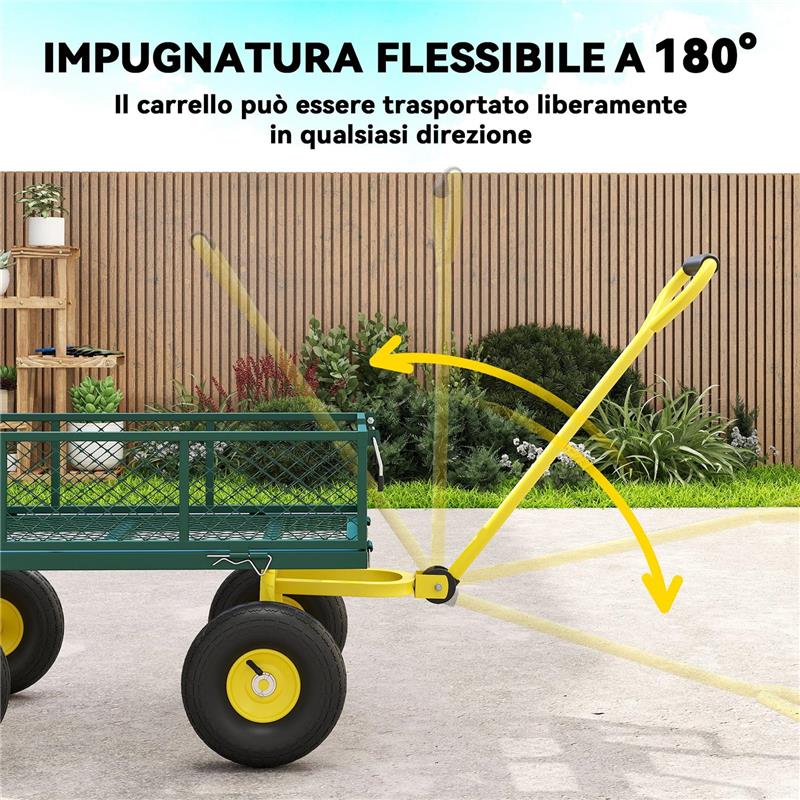CARRELLO DA GIARDINO IN ACCIAIO CON CAPACITÓ 200 KG E PARETI LATERALI RIMOVIBILI, 104X54X51 CM, VERDE E GIALLO