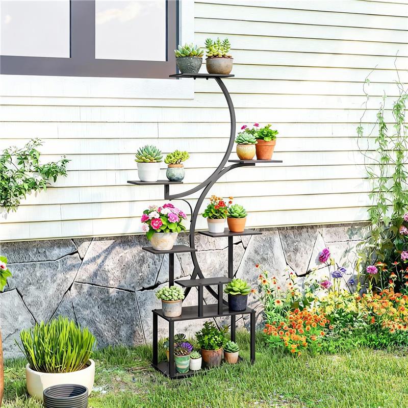 PORTAPIANTE A 8 LIVELLI CON DESIGN A S PER INTERNI ED ESTERNI, IN METALLO, 74X26X158.5 CM, NERO