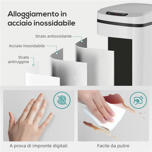 CESTINO RIFIUTI DA 12L A INFRAROSSI CON SECCHIO RIMOVIBILE, IN ACCIAIO INOX, ABS E PP, 28X22X41 CM, BIANCO