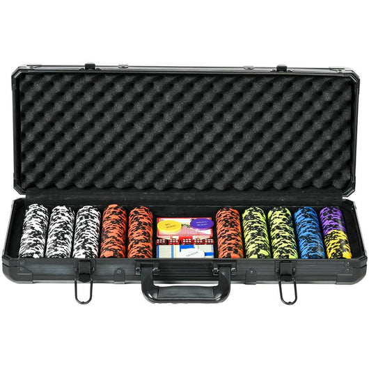 SET POKER CON 500 FICHES, 2 MAZZI DI CARTE, 5 DADI, PULSANTI E VALIGETTA PROTETTIVA IN ALLUMINIO NERO