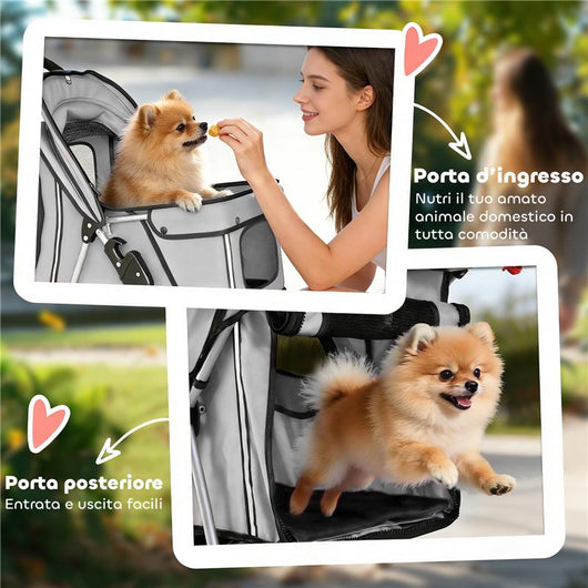 PASSEGGINO PER CANI PIEGHEVOLE CON CATARIFRANGENTI, RUOTE GIREVOLI, FRENI E CUSCINO LAVABILE, GRIGIO