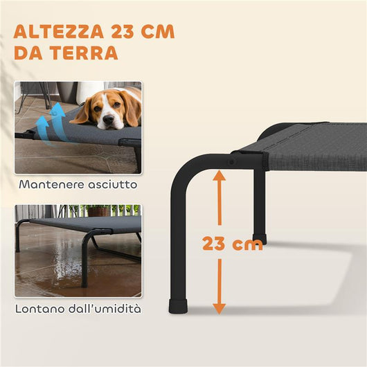 LETTINO PER CANI GRANDI RIALZATO DA ESTERNO IN ACCIAIO E RETE TRASPIRANTE, 152X94X23 CM, GRIGIO