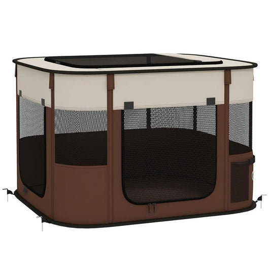 BOX PER ANIMALI CON 6 FINESTRE, 3 PORTE E 2 BORSE PORTAOGGETTI, POLIESTERE E ACCIAIO, 74X60X45 CM, MARRONE