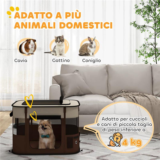 BOX PER ANIMALI CON 6 FINESTRE, 3 PORTE E 2 BORSE PORTAOGGETTI, POLIESTERE E ACCIAIO, 74X60X45 CM, MARRONE