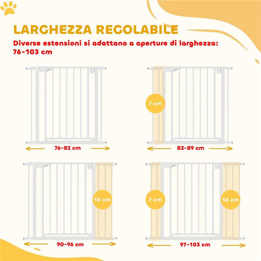CANCELLINO DI SICUREZZA PER BAMBINI E ANIMALI, CHIUSURA AUTOMATICA E MONTAGGIO A PRESSIONE, 76-103X76 CM, BIANCO