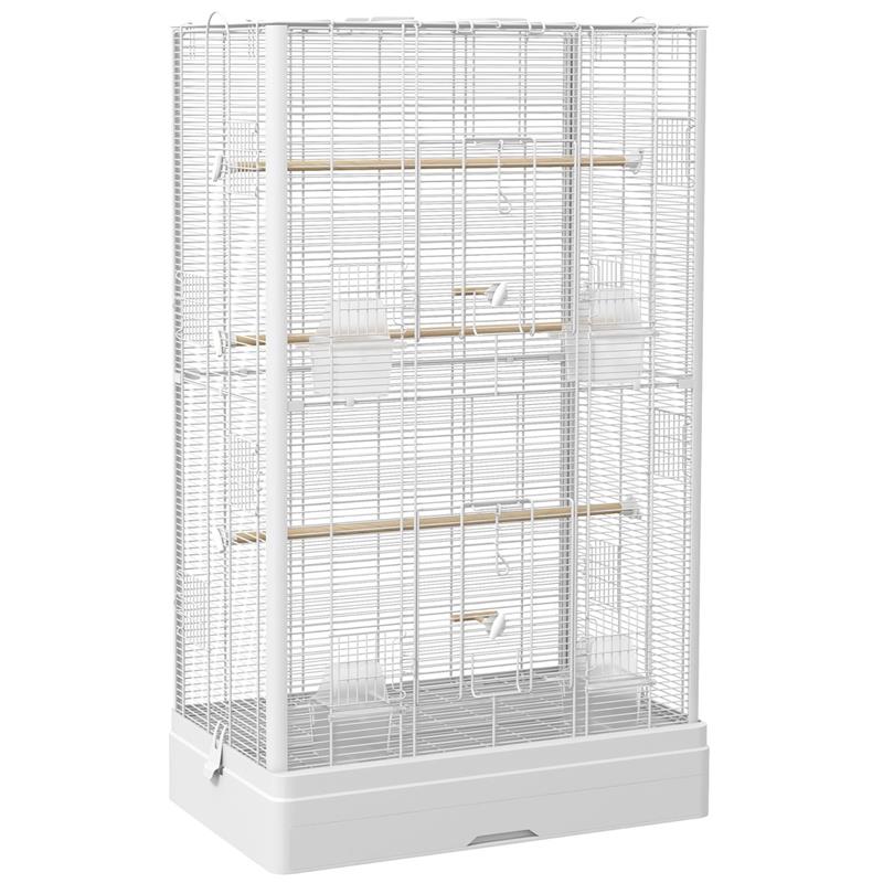 GABBIA PER UCCELLI CON VASSOIO ESTRAIBILE E POSATOI, VOLIERA PER PAPPAGALLI, 61X36.5X98 CM, BIANCO