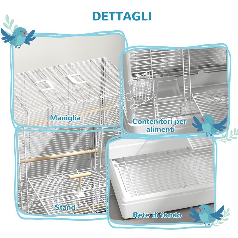 GABBIA PER UCCELLI CON VASSOIO ESTRAIBILE E POSATOI, VOLIERA PER PAPPAGALLI, 61X36.5X98 CM, BIANCO