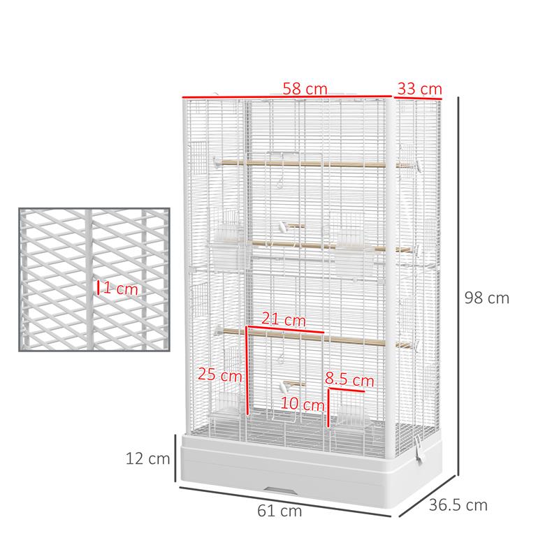 GABBIA PER UCCELLI CON VASSOIO ESTRAIBILE E POSATOI, VOLIERA PER PAPPAGALLI, 61X36.5X98 CM, BIANCO