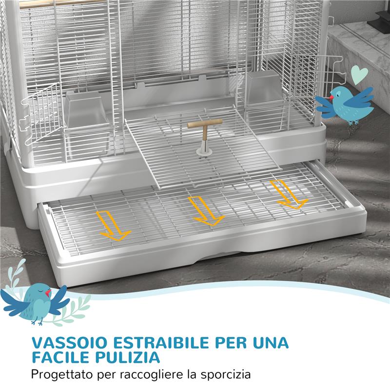 GABBIA PER UCCELLI CON VASSOIO ESTRAIBILE E POSATOI, VOLIERA PER PAPPAGALLI, 61X36.5X98 CM, BIANCO