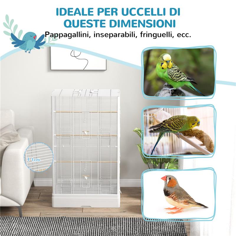 GABBIA PER UCCELLI CON VASSOIO ESTRAIBILE E POSATOI, VOLIERA PER PAPPAGALLI, 61X36.5X98 CM, BIANCO