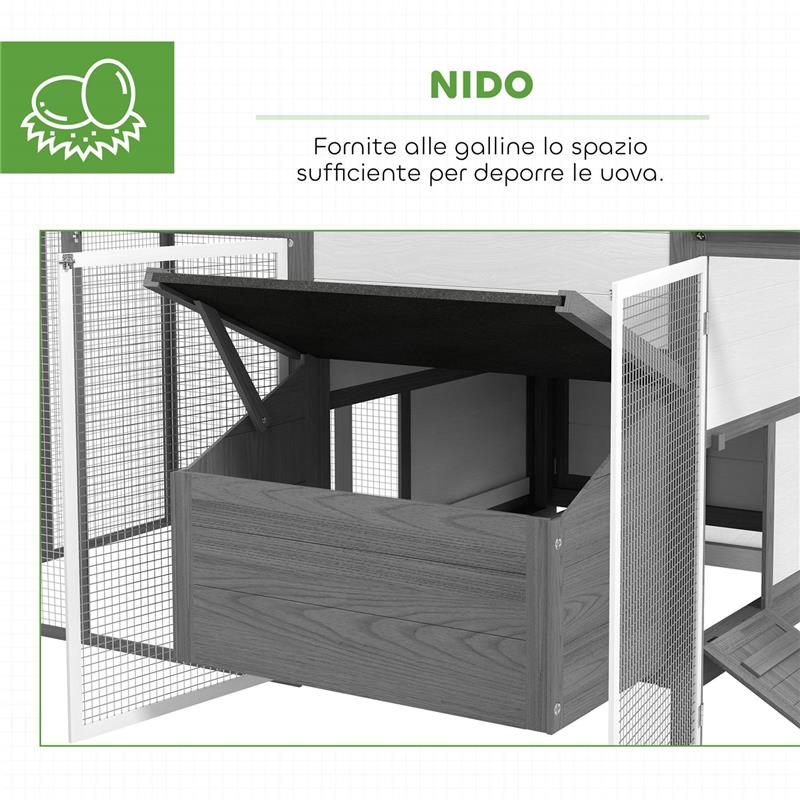 POLLAIO PER GALLINE DA ESTERNO CON NIDO PER COVA, TETTO IMPERMEABILE, VASSOIO ESTRAIBILE, GRIGIO