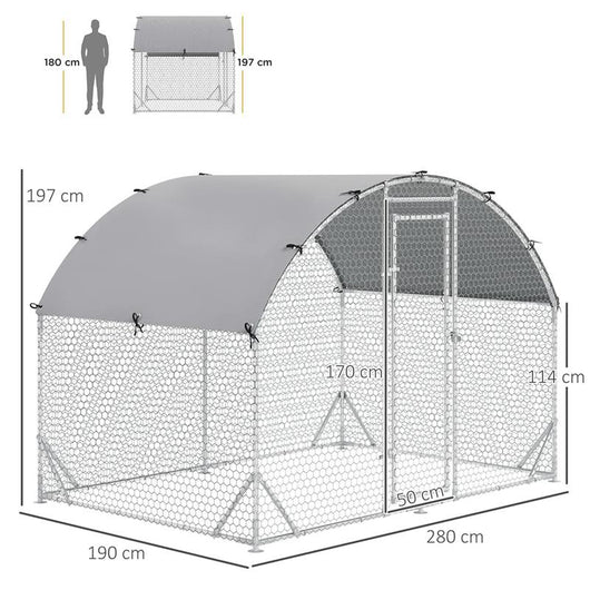 RECINTO PER GALLINE IN METALLO GALVANIZZATO CON TETTO E COPERTURA ANTI UV, 280X190X197 CM, ARGENTO