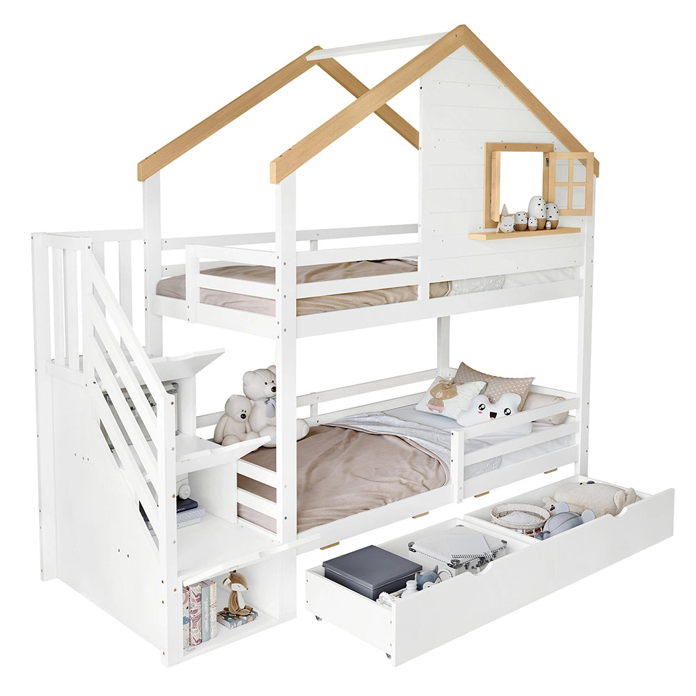 Letto a castello a casetta - Xylo - 90x200cm bianco/naturale, finestra