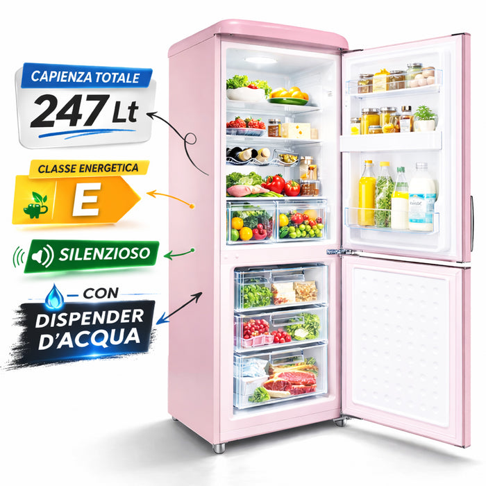 Frigorifero Combinato Vintage Doppia Porta 247Lt Rosa con dispenser d'acqua