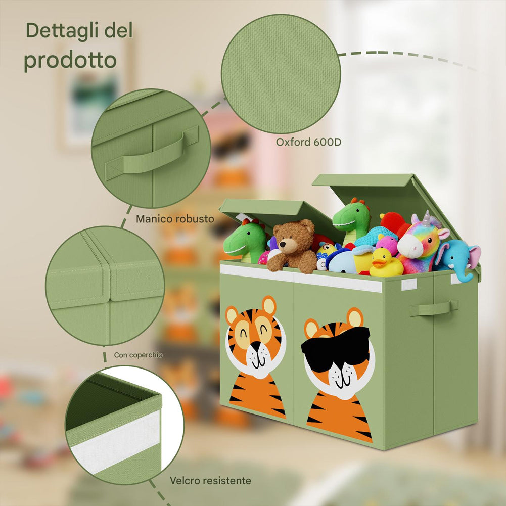 Box Contenitore Giocattoli con Animali Doppio Pieghevole 80L Verde Salvaspazio