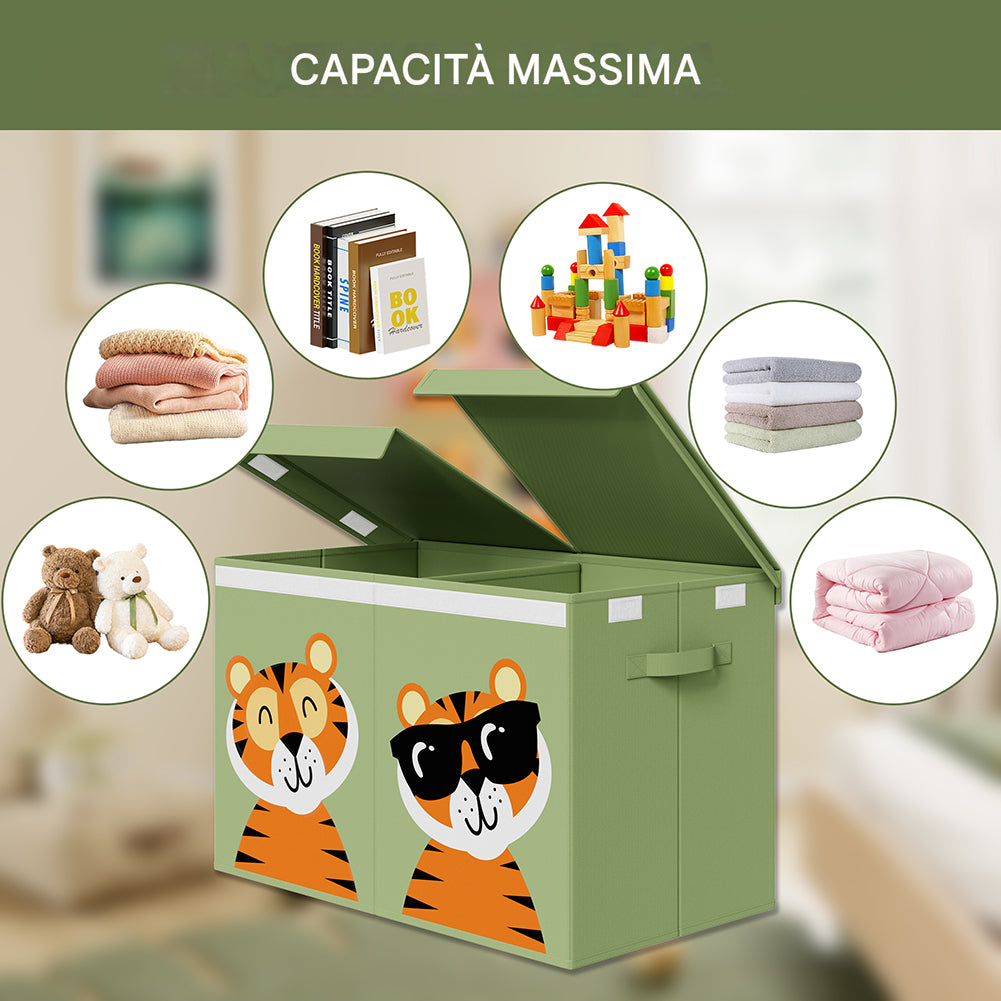 Box Contenitore Giocattoli con Animali Doppio Pieghevole 80L Verde Salvaspazio