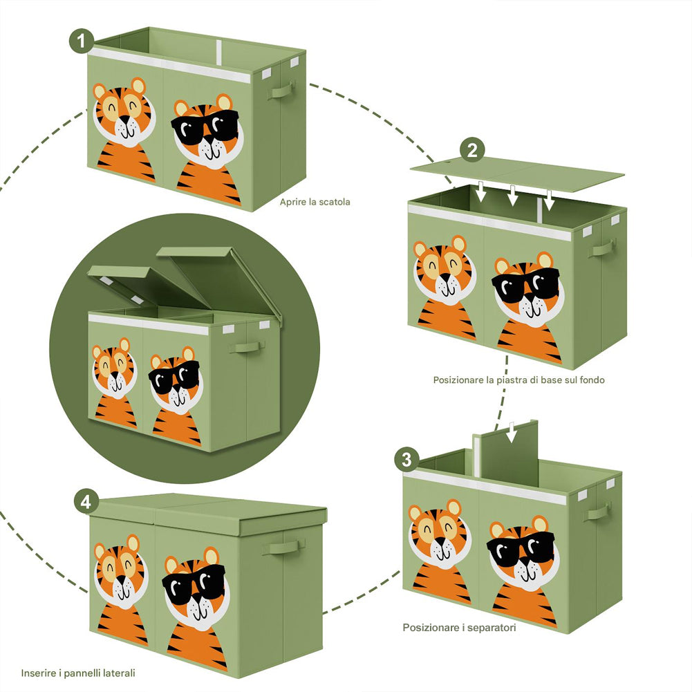 Box Contenitore Giocattoli con Animali Doppio Pieghevole 80L Verde Salvaspazio