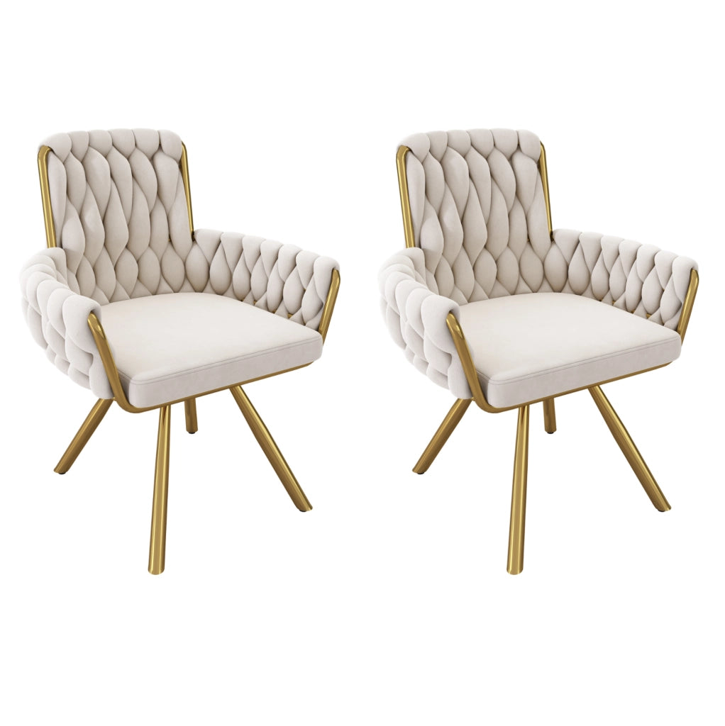 Set di 2 sedie da pranzo girevoli 360° in velluto beige con braccioli e schienale alto