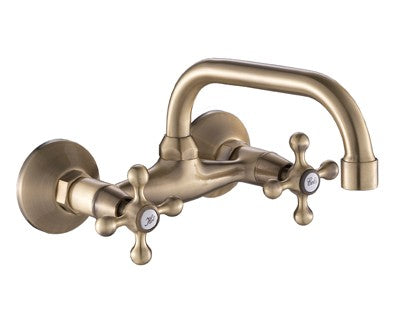 Rubinetto a parete vecchio ottone, bronzato con canna alta, maniglie a stella