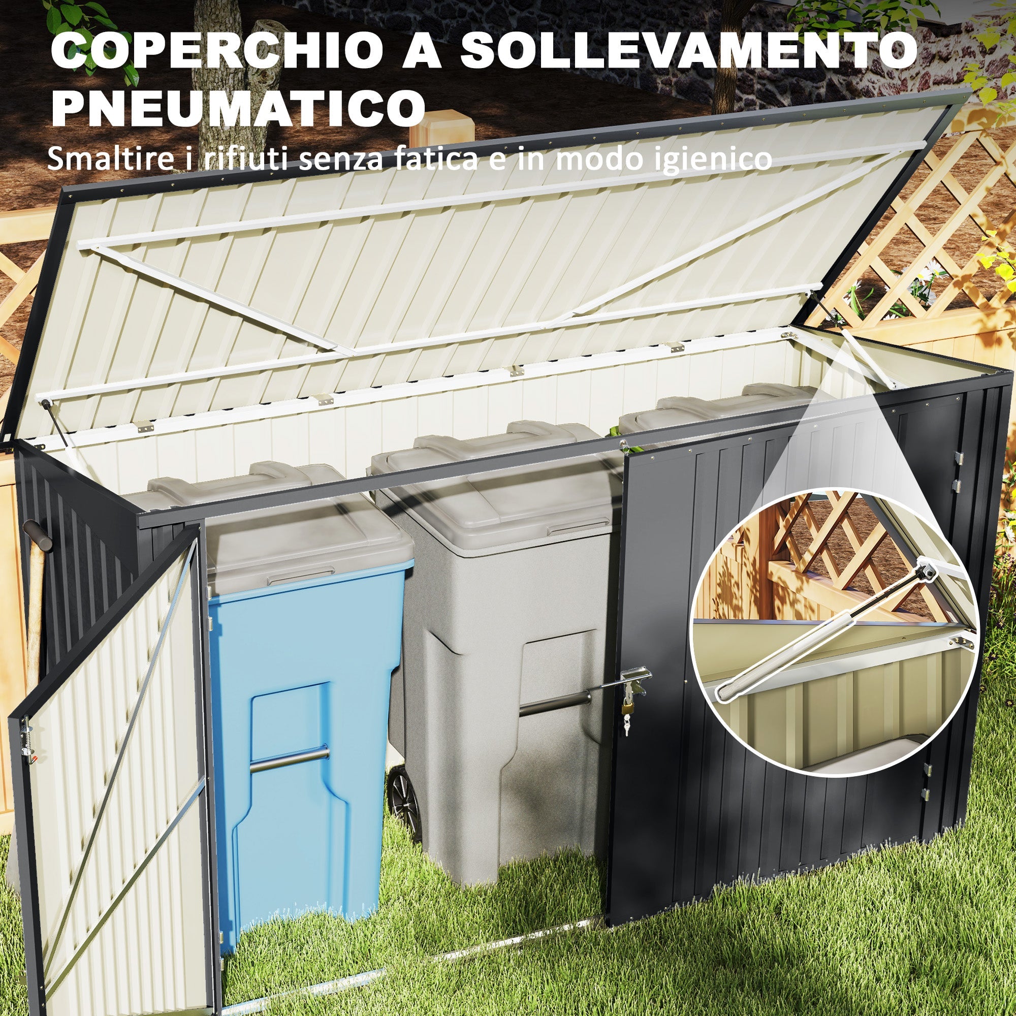 Copribidoni per 3 Cassonetti da 240L 233x105x118,5-133 cm con 2 Porte e Coperchio Grigio Scuro