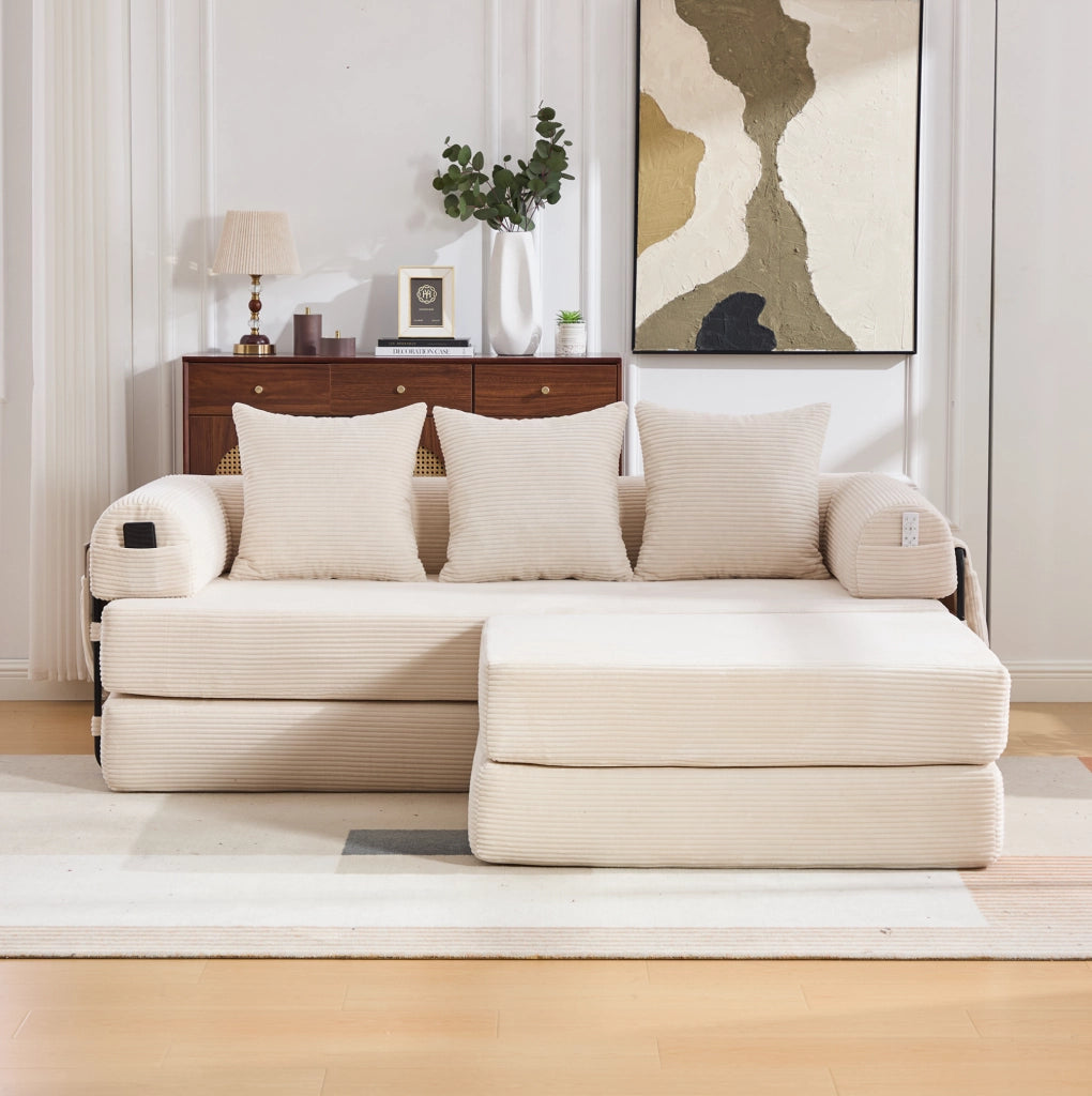 Divano modulare in corduroy beige con tasca laterale; 3 cuscini e struttura in metallo 200x190x67 cm
