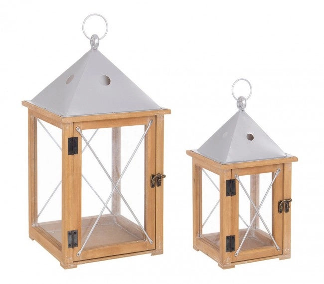 Set 2 Lanterne Legno Naturale Marrone Stile Rustico da Interno - MARIA