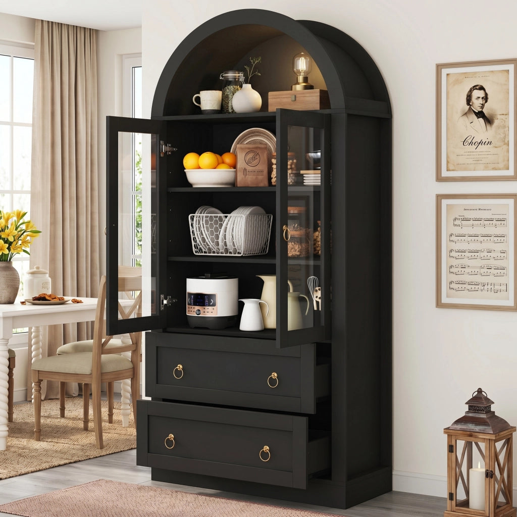 Credenza con ante in vetro, cassetti e ripiani regolabili per cucina e soggiorno, nero, 80 × 36 × 170 cm