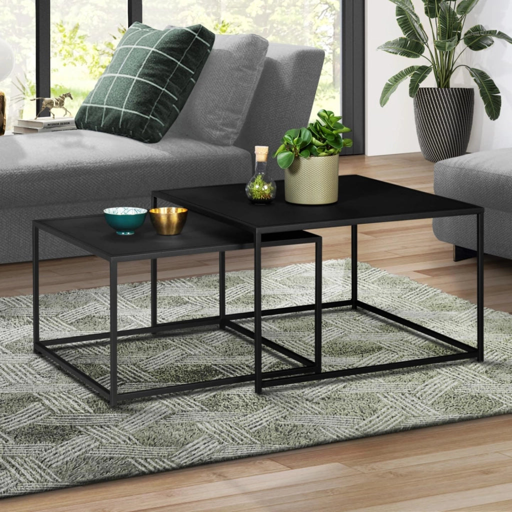 Set di 2 tavolini DAVIS 60/70 in metallo nero opaco, design industriale