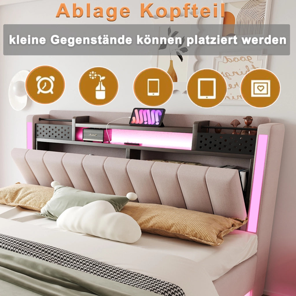 Letto imbottito modulare 160 × 200 cm con LED; USB e vano contenitore nella testiera; beige