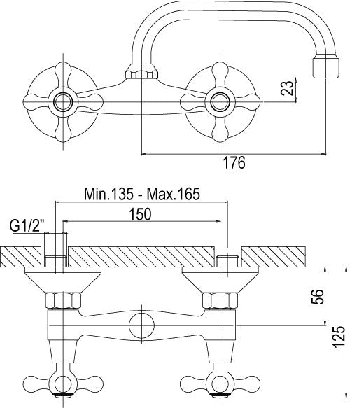 Rubinetto a parete vecchio ottone, bronzato con canna alta, maniglie a stella