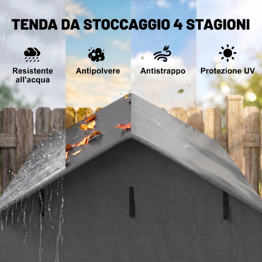Capanno da Giardino 1.1x2 m con Porta Avvolgibile, Tenda Garage per Bici e Moto, Grigio Scuro