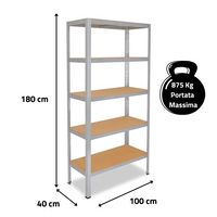 SCAFFALE SCAFFLATURA in Metallo per Officina E Garage 180x100x40 cm | SCAFFALE 5 ripiani con pannelli MDF montaggio a scatto semplice | Portata Massima 875 kg