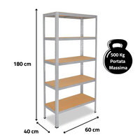 SCAFFALE SCAFFLATURA in Metallo per Officina E Garage 180x60x40 cm | SCAFFALE 5 ripiani con pannelli MDF montaggio a scatto semplice | Portata Massima 500 kg